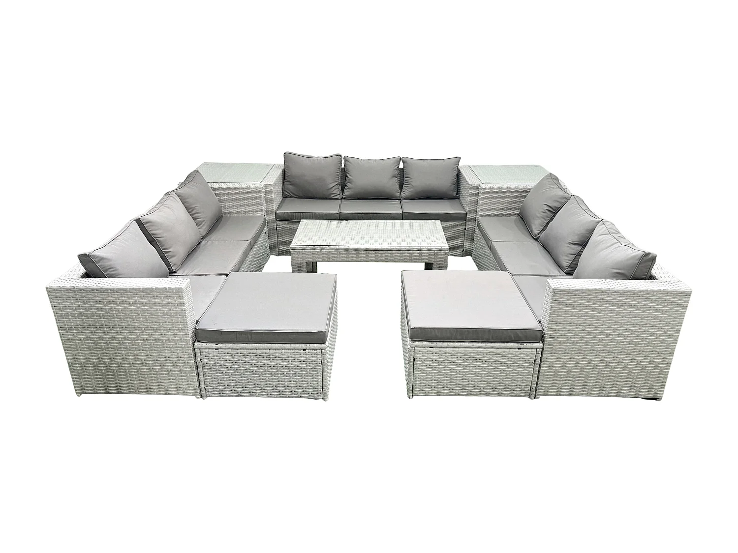 Ensemble de meubles d'extérieur en rotin 11 places avec Table basse oblongue 2 Grand tabourets 2 Tables d'appoint Gris clair mixte