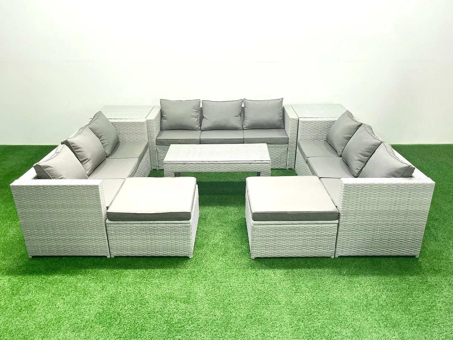 Ensemble de meubles d'extérieur en rotin 11 places avec Table basse oblongue 2 Grand tabourets 2 Tables d'appoint Gris clair mixte