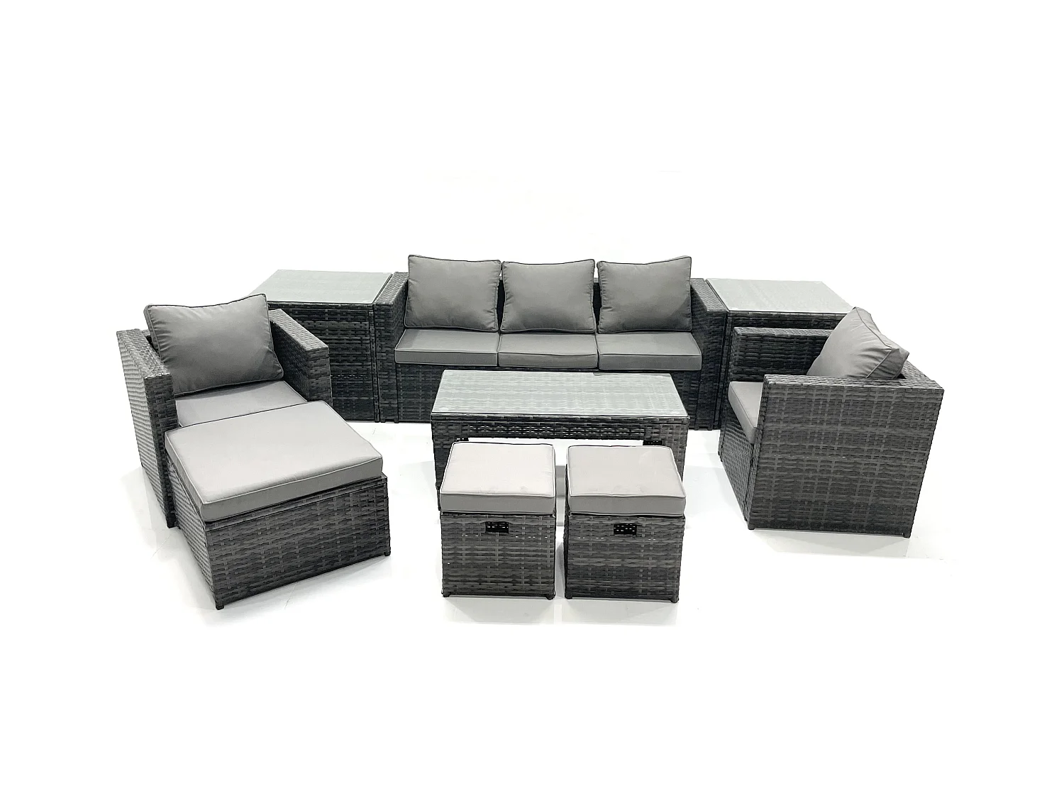8 places Salon de jardin Ensemble de canapés en rotin avec Table basse 2 Fauteuil 3 Tabourets 2 Tables d'appoint Gris foncé mixte