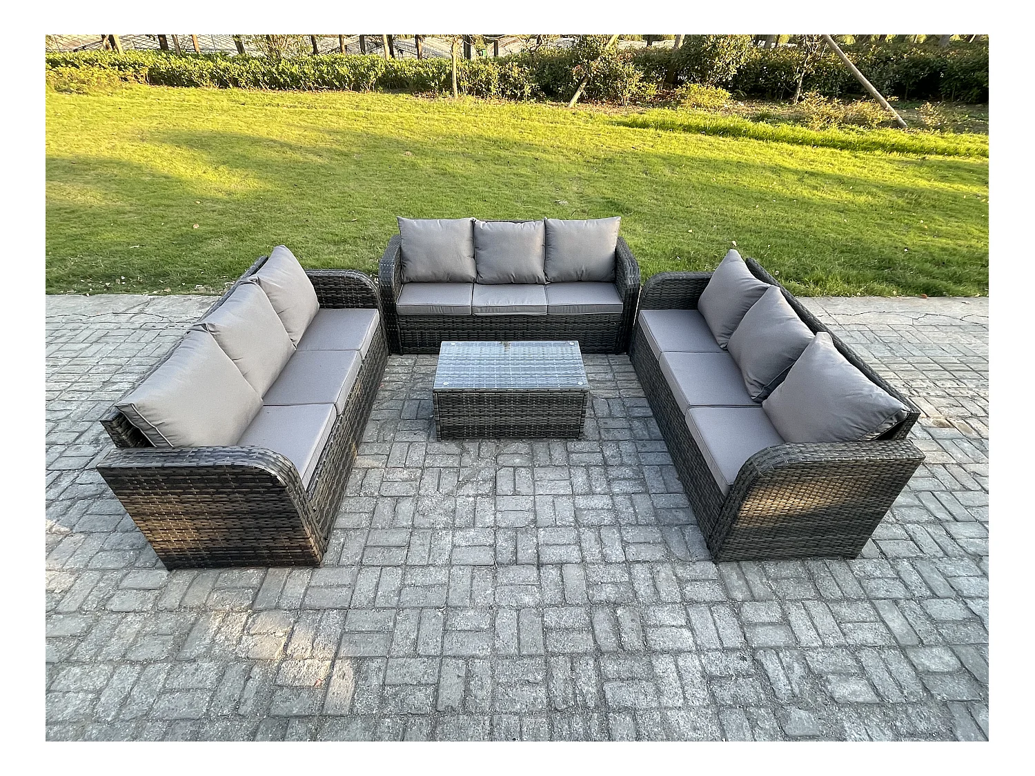 Ensemble de canapés en rotin 9 places salon de jardin avec Table basse rectangulaire Canapé 3 places Gris foncé mixte