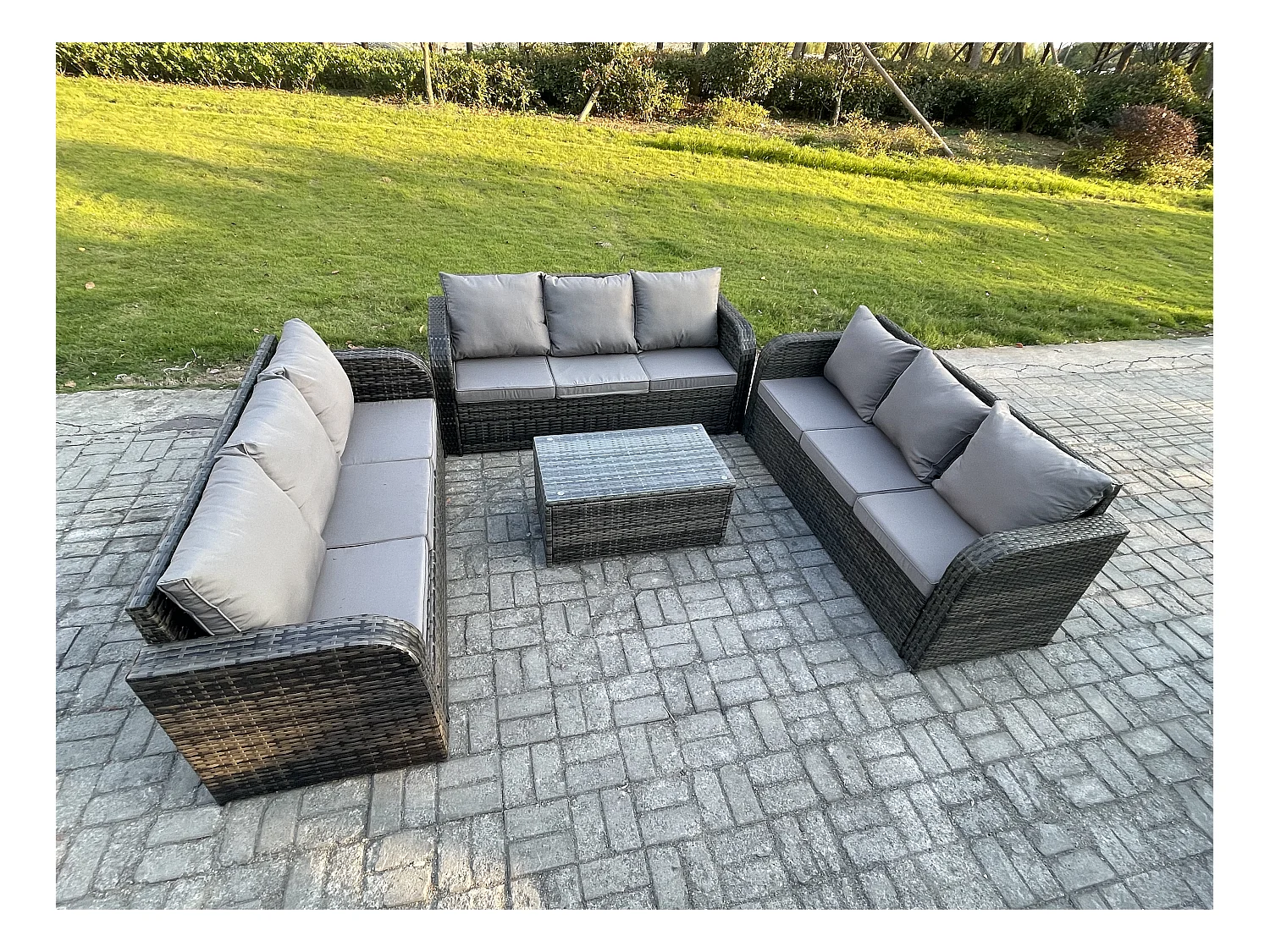 Ensemble de canapés en rotin 9 places salon de jardin avec Table basse rectangulaire Canapé 3 places Gris foncé mixte