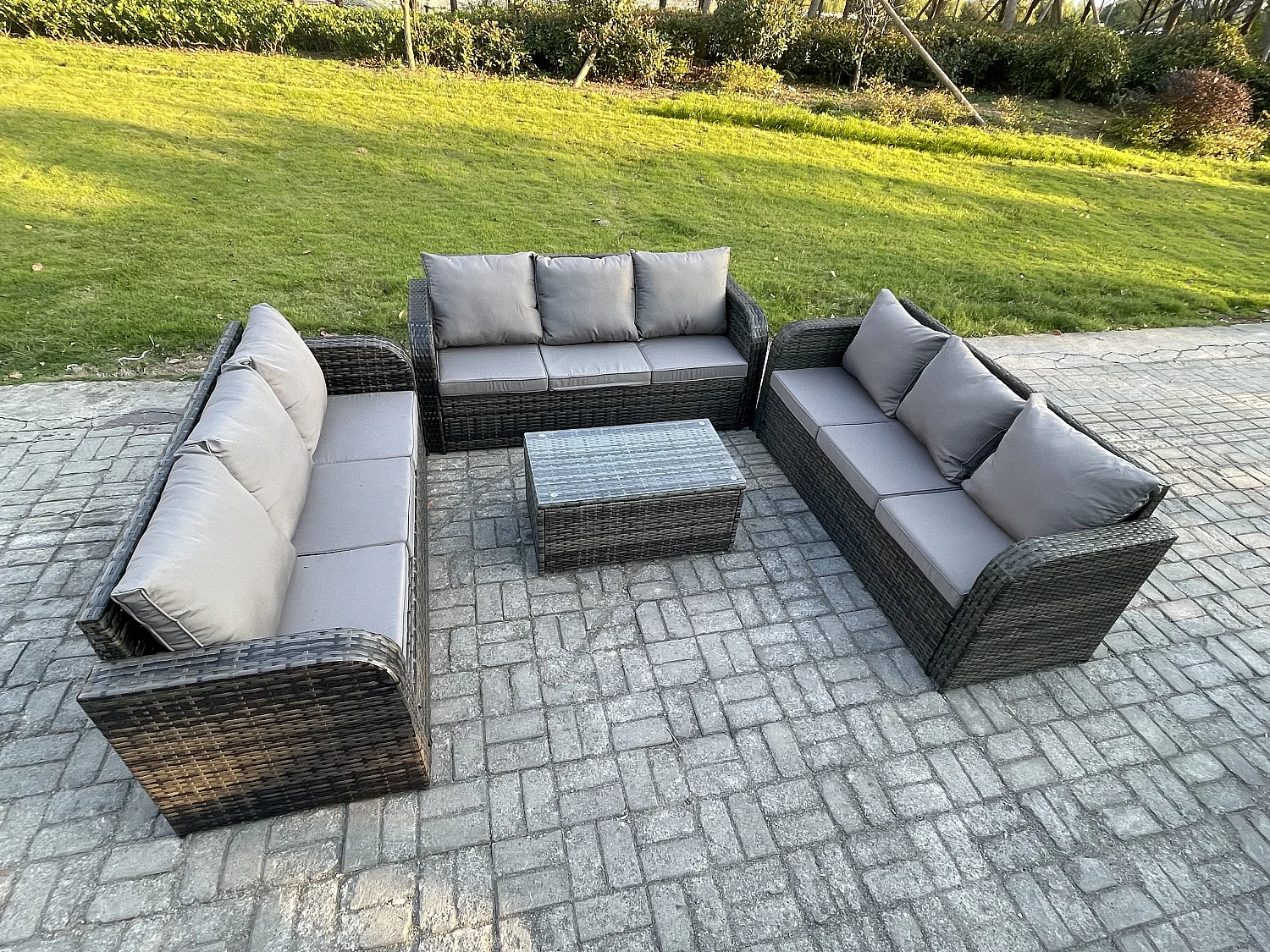 Ensemble de canapés en rotin 9 places salon de jardin avec Table basse rectangulaire Canapé 3 places Gris foncé mixte