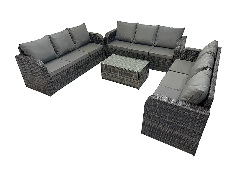 Ensemble de canapés en rotin 9 places salon de jardin avec Table basse rectangulaire Canapé 3 places Gris foncé mixte