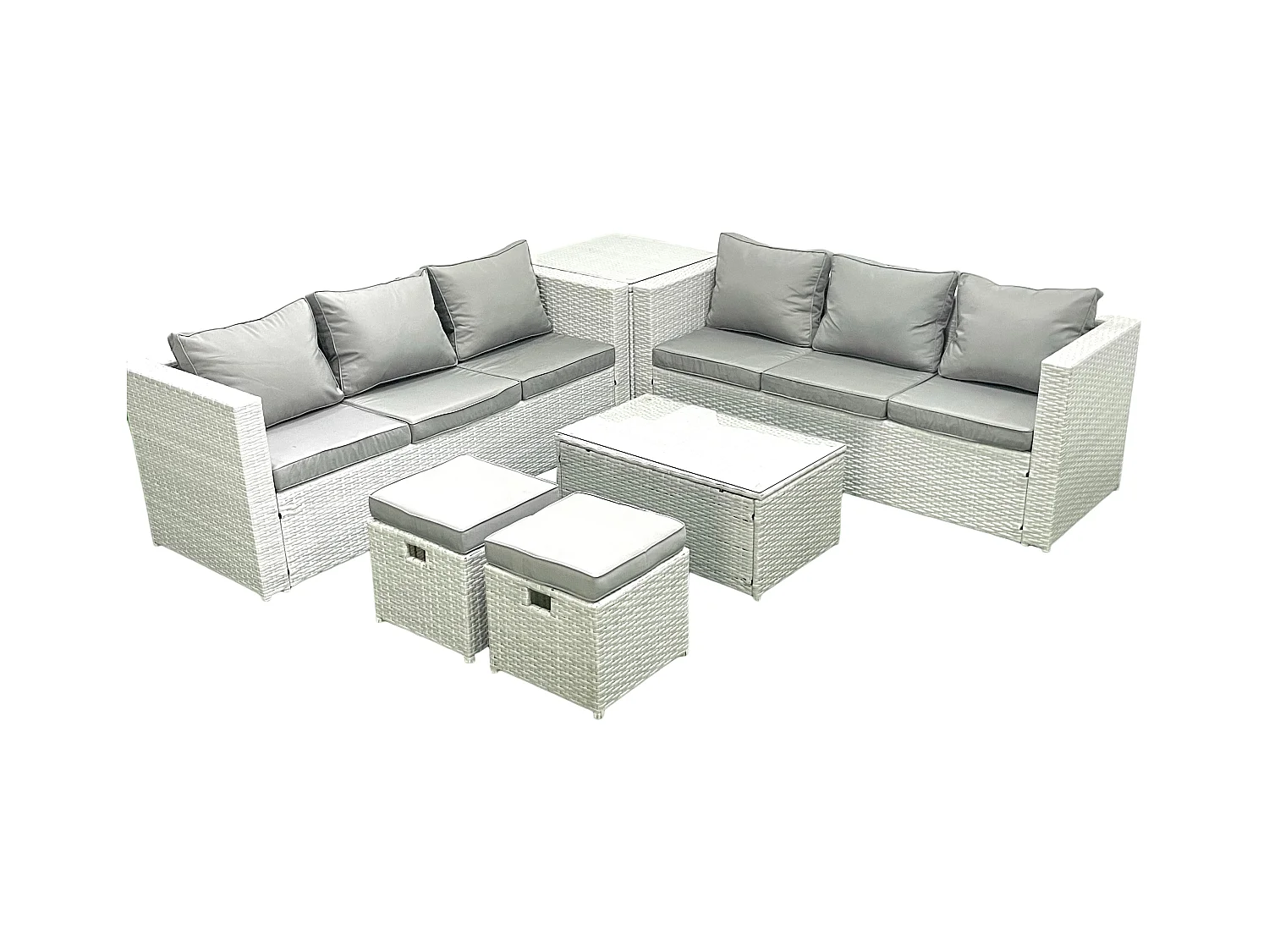 Garten Polyrattanmöbel Set 8-Sitzer Rattan Garten Sofa Set mit 2 kleinen Hockern Beistelltisch Hellgrau gemischt