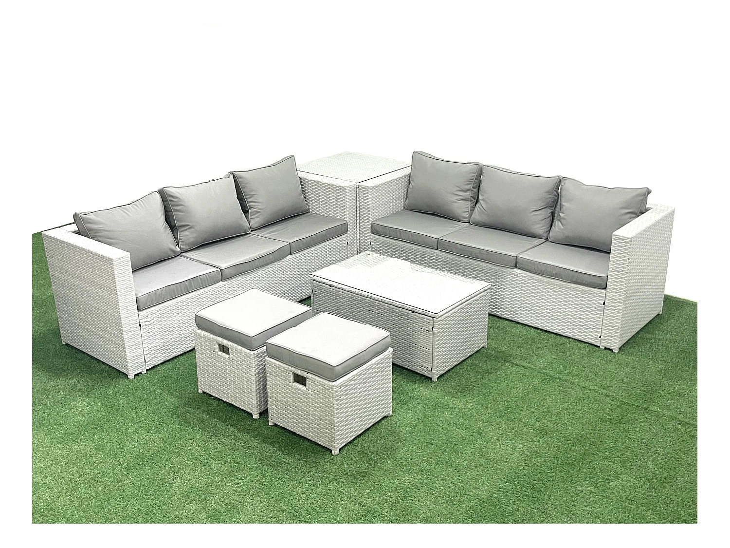 Garten Polyrattanmöbel Set 8-Sitzer Rattan Garten Sofa Set mit 2 kleinen Hockern Beistelltisch Hellgrau gemischt