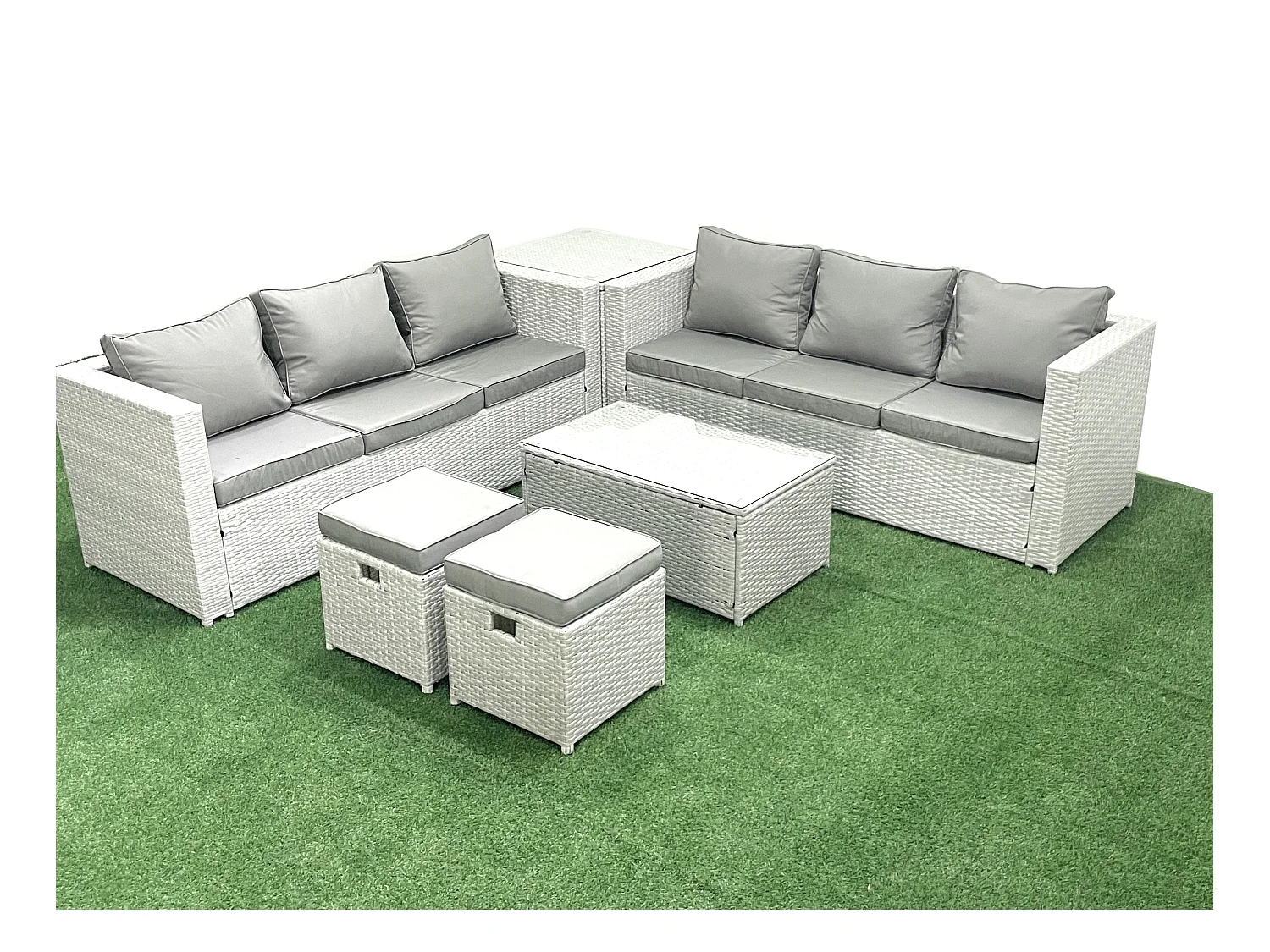 Garten Polyrattanmöbel Set 8-Sitzer Rattan Garten Sofa Set mit 2 kleinen Hockern Beistelltisch Hellgrau gemischt