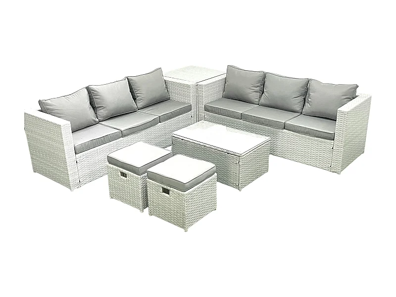 Ensemble de meubles d'extérieur en rotin 8 places avec 2 Petits tabourets Table d'appoint Gris clair mixte