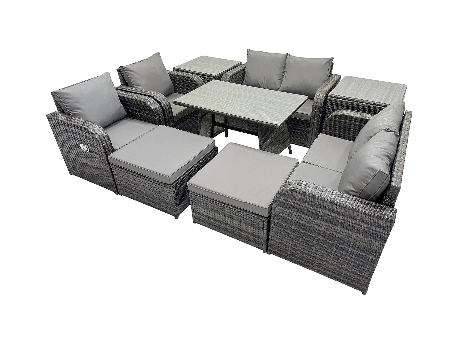 8-Sitzer Polyrattan Garten Esstisch Set Gartenmöbel Sofa mit Rechteckiger Esstisch 2 Beistelltischen 2 hohen Hockern Dunkelgrau Gemischt