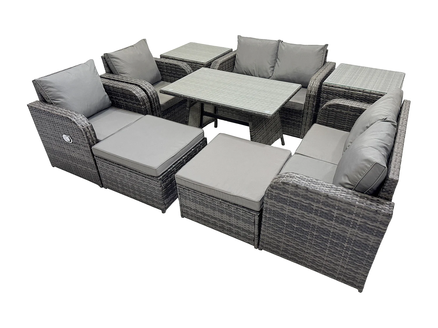 8 places Ensemble de canapé en rotin extérieur avec Table à manger rectangulaire 2 Tables d'appoint 2 Grand tabourets Gris foncé mixte