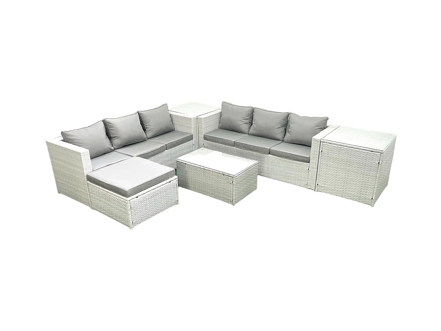Garten Polyrattanmöbel Set 7-Sitzer Rattan Garten Sofa Set mit 2 Großer Hockern 2 Beistelltischen Hellgrau gemischt