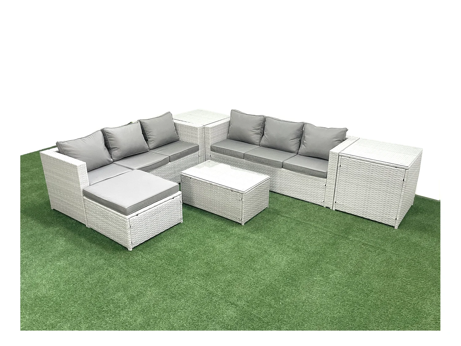 Garten Polyrattanmöbel Set 7-Sitzer Rattan Garten Sofa Set mit 2 Großer Hockern 2 Beistelltischen Hellgrau gemischt