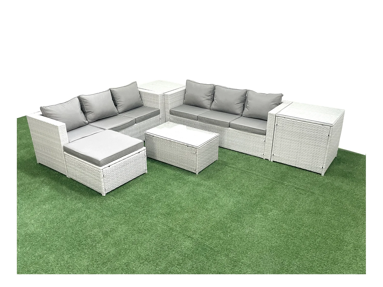 Garten Polyrattanmöbel Set 7-Sitzer Rattan Garten Sofa Set mit 2 Großer Hockern 2 Beistelltischen Hellgrau gemischt