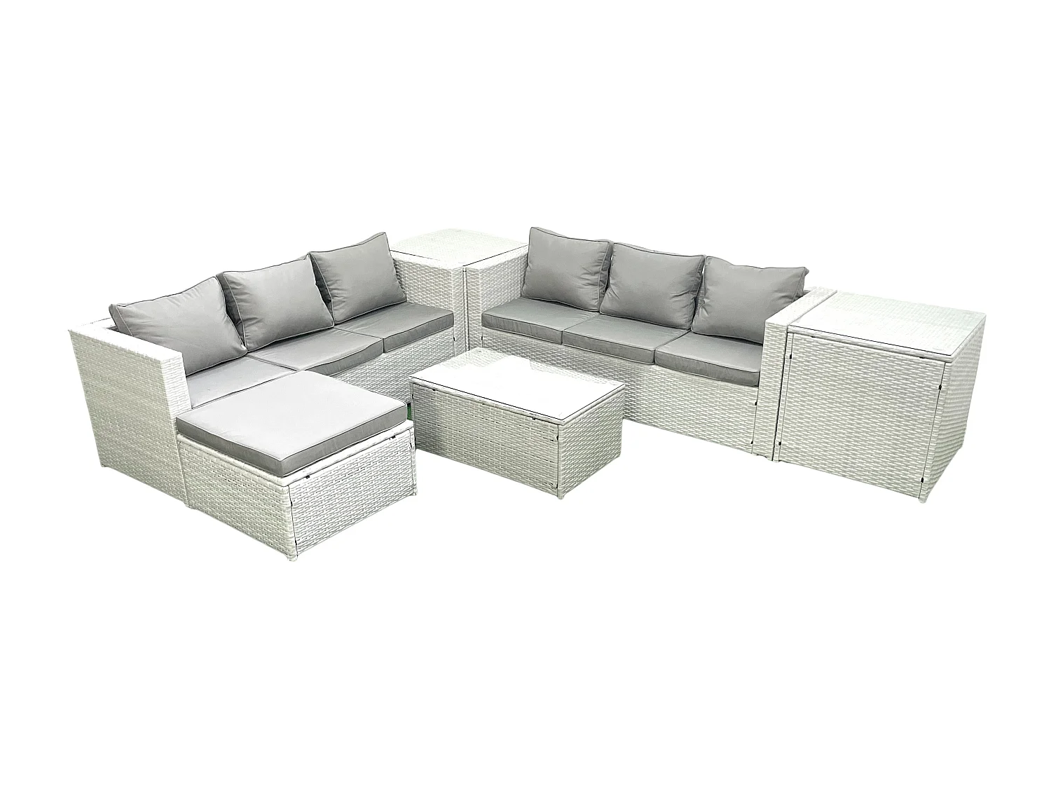 Ensemble de meubles d'extérieur en rotin 7 places avec Grand tabouret 2 Tables d'appoint Gris clair mixte