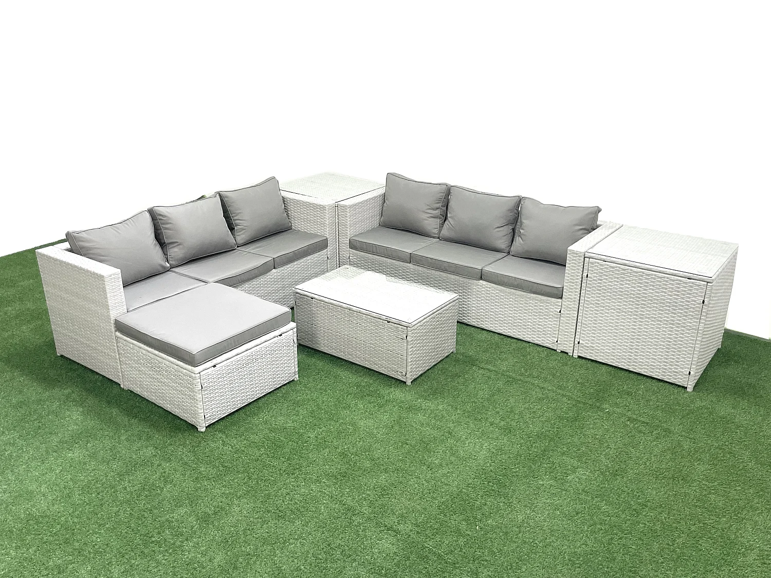 Ensemble de meubles d'extérieur en rotin 7 places avec Grand tabouret 2 Tables d'appoint Gris clair mixte