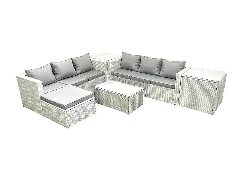 Ensemble de meubles d'extérieur en rotin 7 places avec Grand tabouret 2 Tables d'appoint Gris clair mixte