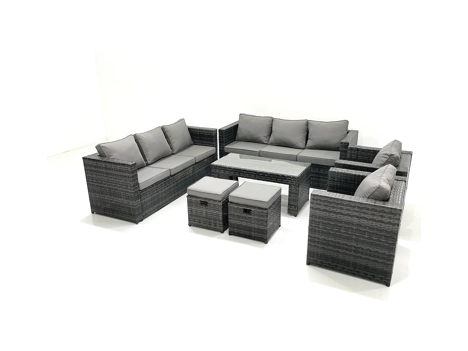 Polyrattan Gartenmöbel set mit Couchtisch Sessel 2 kleine Fußhockern Dunkelgrau Gemischt