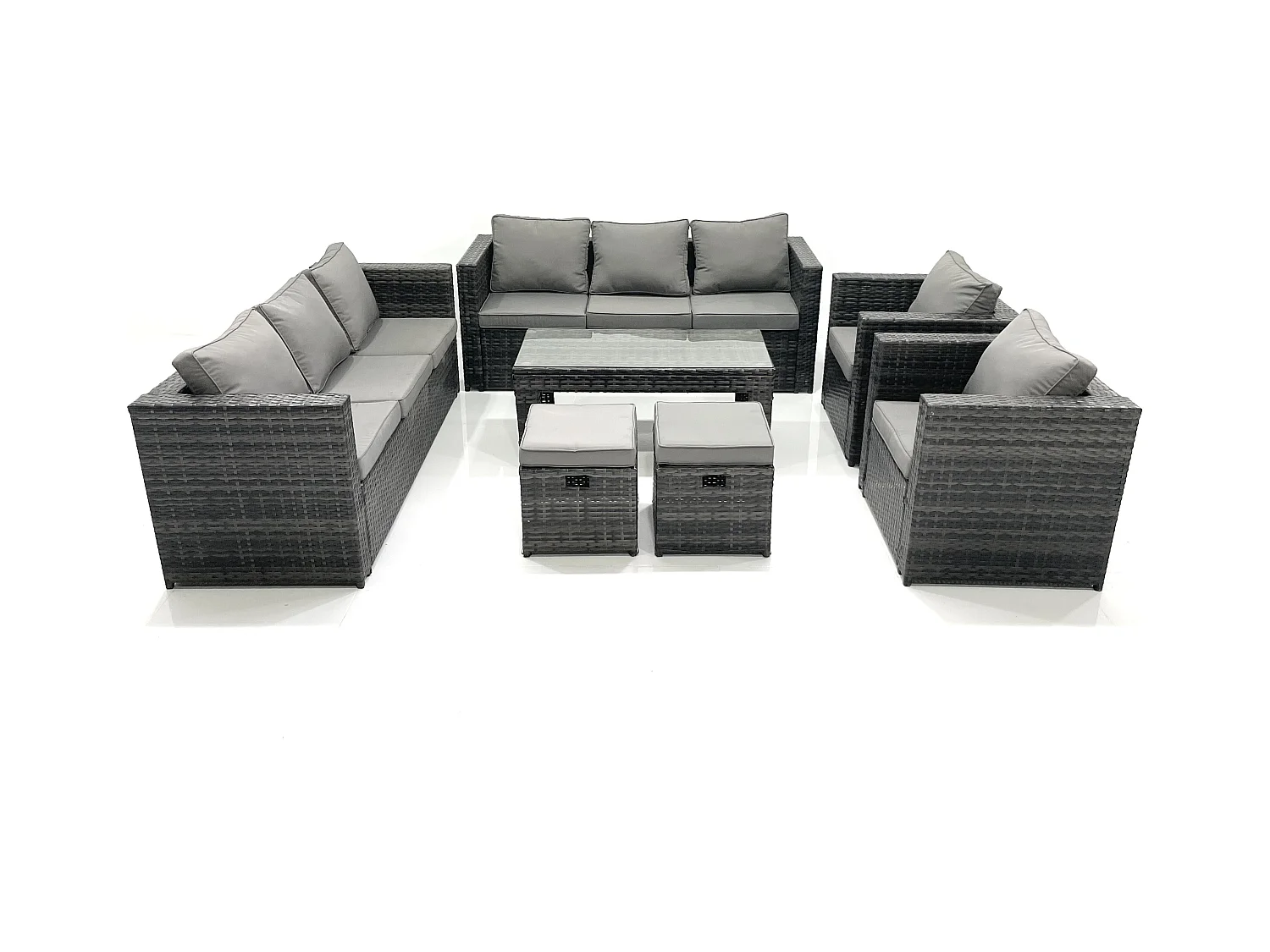 Polyrattan Gartenmöbel set mit Couchtisch Sessel 2 kleine Fußhockern Dunkelgrau Gemischt