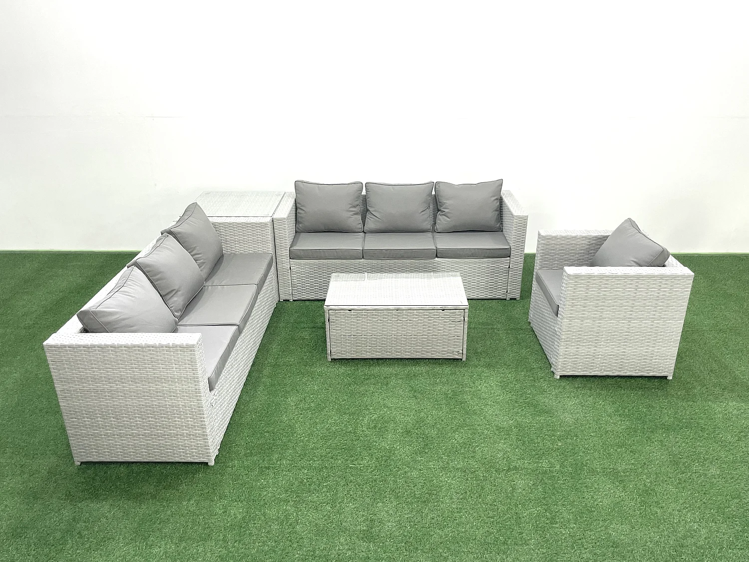 Polyrattan Sofa Gartenmöbel Set mit Sessel Rechteckiger Couchtisch Beistelltisch Hellgrau gemischt