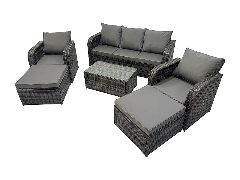 Salon de jardin 7 places Ensemble de canapés en rotin avec Table basse 2 Grand tabourets Gris foncé mixte