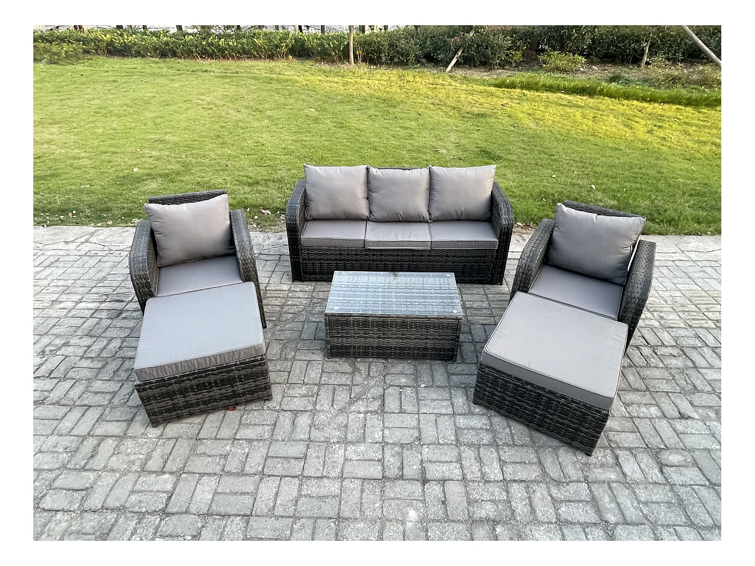 Salon de jardin 7 places Ensemble de canapés en rotin avec Table basse 2 Grand tabourets Gris foncé mixte