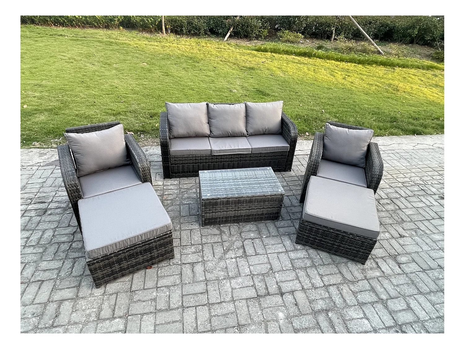 Salon de jardin 7 places Ensemble de canapés en rotin avec Table basse 2 Grand tabourets Gris foncé mixte