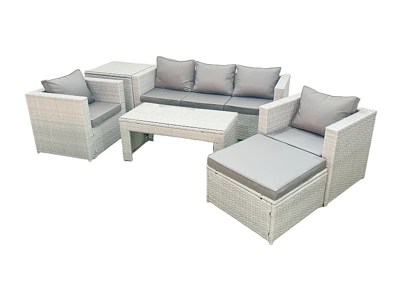 Salon de jardin 6 Pièces Canapé de jardin Table basse oblongue avec 2 Chaises Side Tabe Stool Gris clair mixte