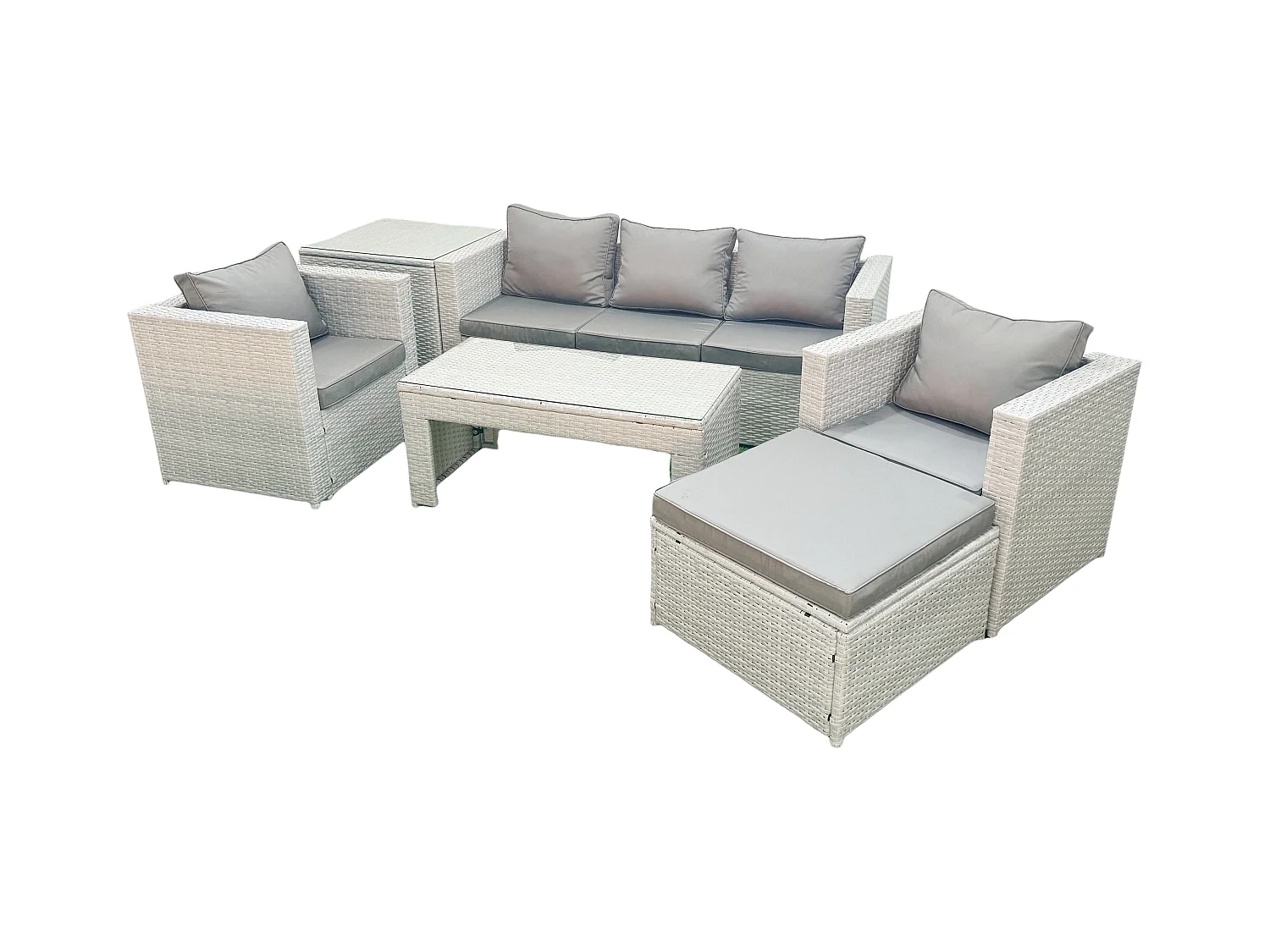 Salon de jardin 6 Pièces Canapé de jardin Table basse oblongue avec 2 Chaises Side Tabe Stool Gris clair mixte