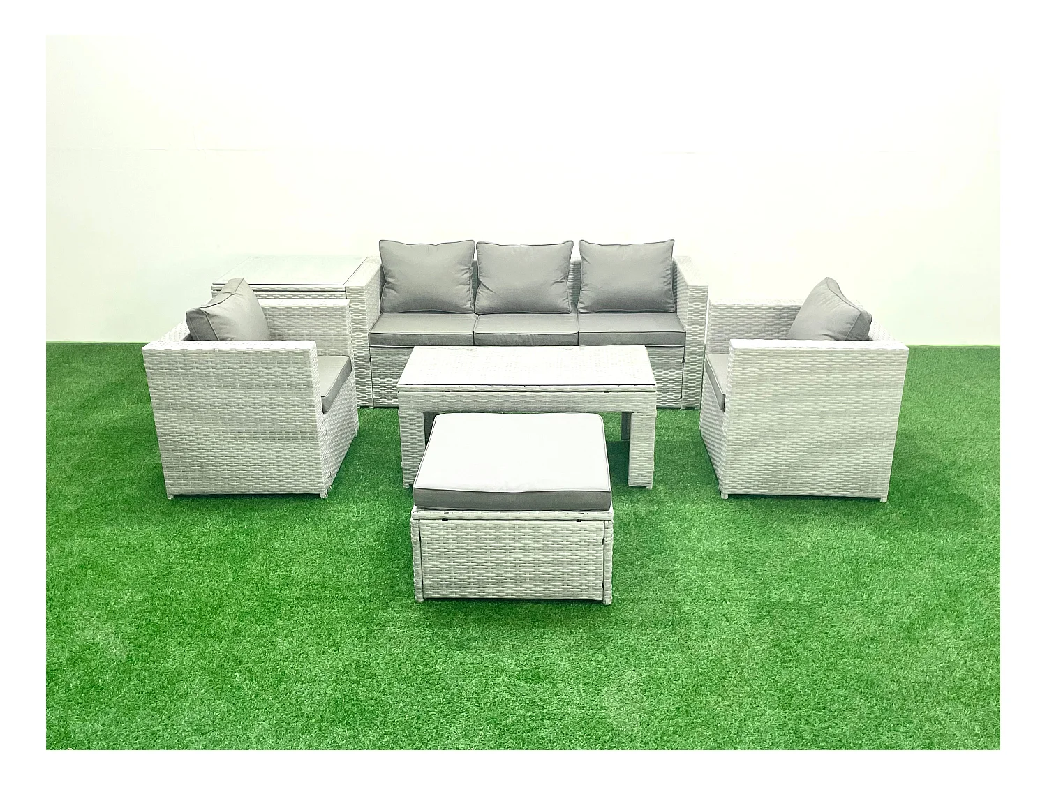 Salon de jardin 6 Pièces Canapé de jardin Table basse oblongue avec 2 Chaises Side Tabe Stool Gris clair mixte