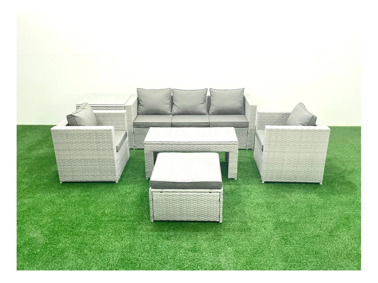 Salon de jardin 6 Pièces Canapé de jardin Table basse oblongue avec 2 Chaises Side Tabe Stool Gris clair mixte