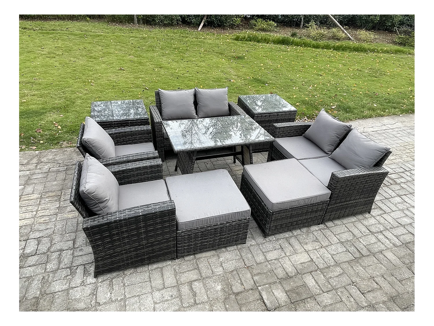 9 Pièces Ensemble de canapé en rotin extérieur avec 2 Grand tabourets 2 Tables d'appoint Gris foncé mixte