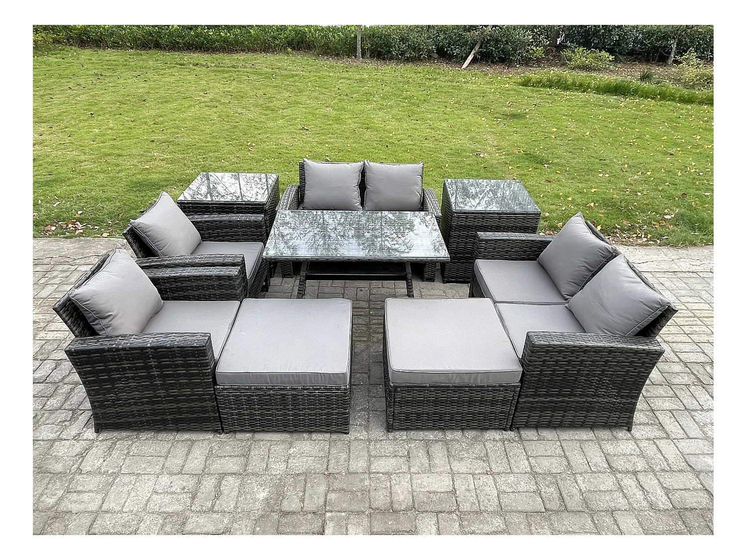 9 Pièces Ensemble de canapé en rotin extérieur avec 2 Grand tabourets 2 Tables d'appoint Gris foncé mixte