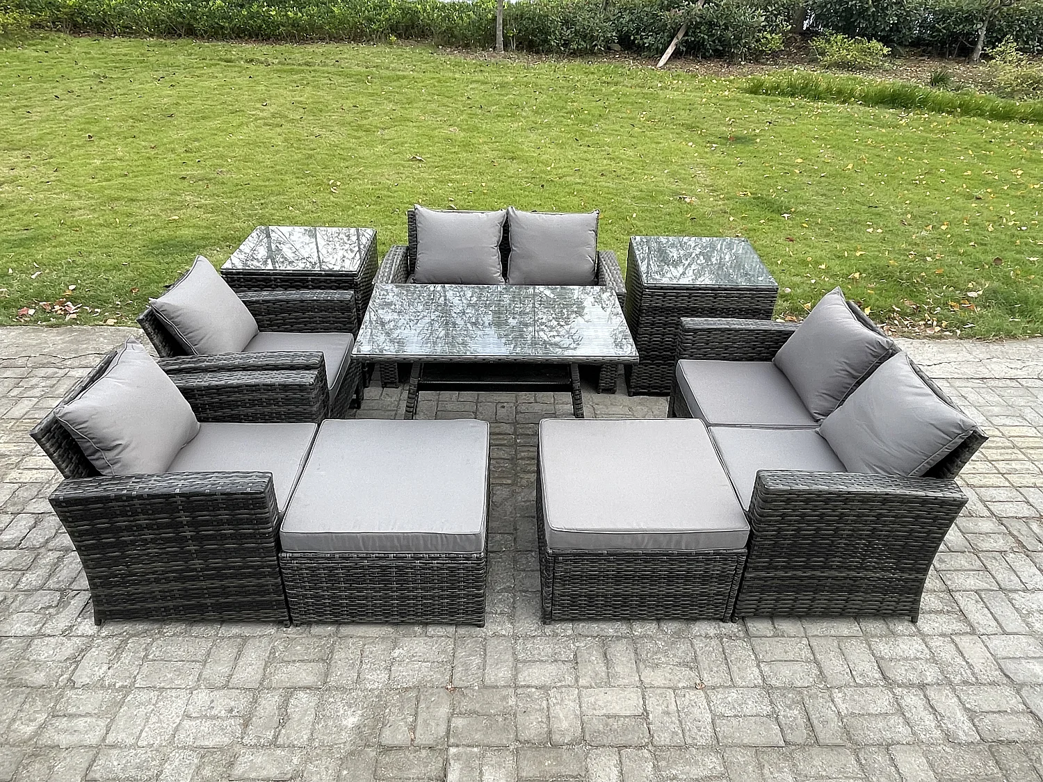 9 Pièces Ensemble de canapé en rotin extérieur avec 2 Grand tabourets 2 Tables d'appoint Gris foncé mixte