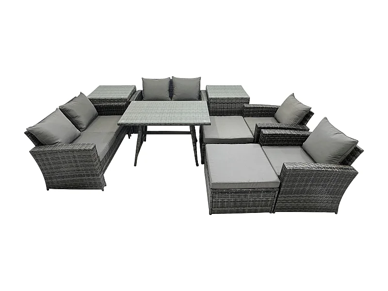 9 Pièces Ensemble de canapé en rotin extérieur avec 2 Grand tabourets 2 Tables d'appoint Gris foncé mixte