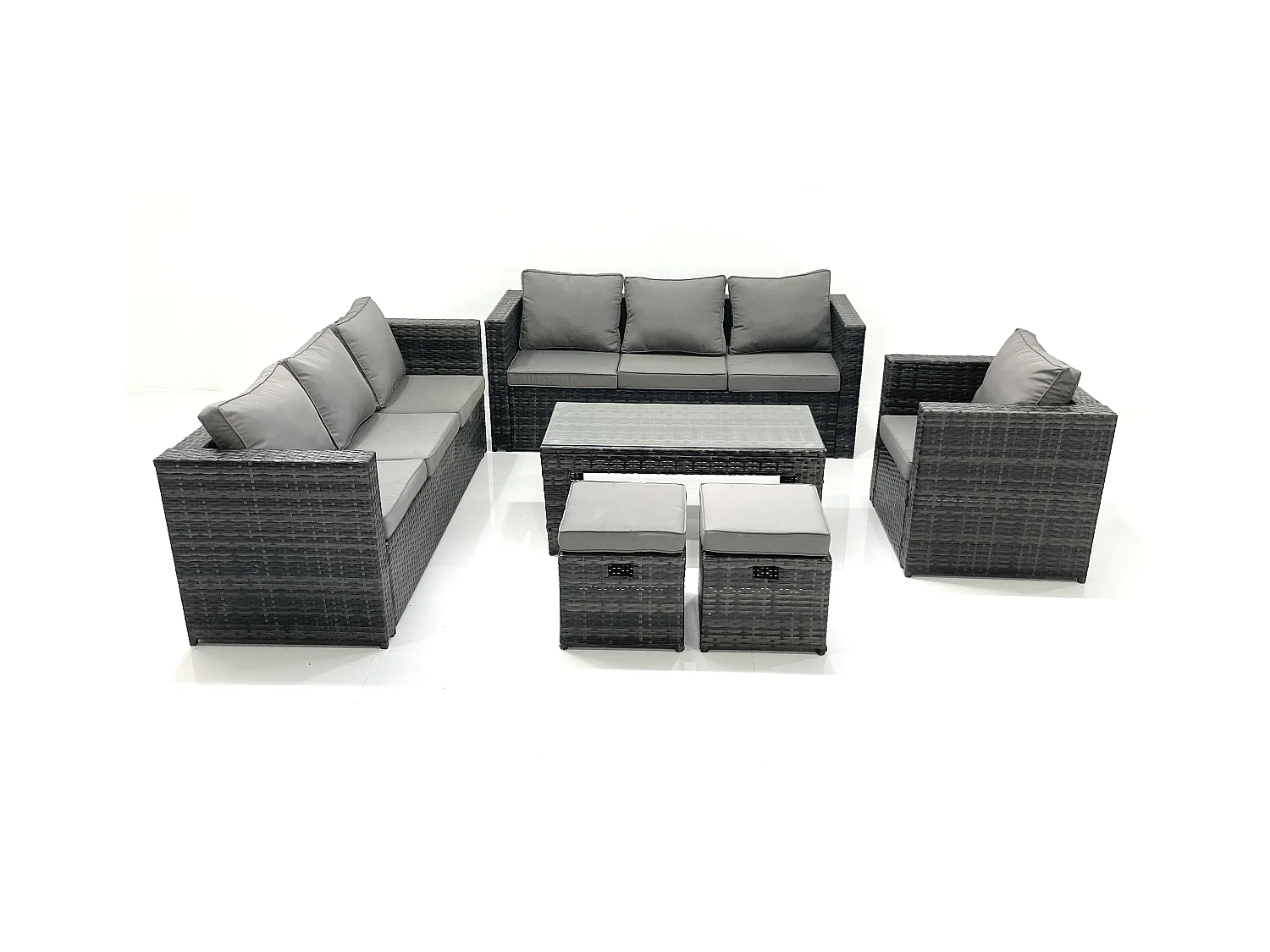 Salon de jardin Ensemble 9 places avec Dessus en verre Table basse 2 Petits tabourets