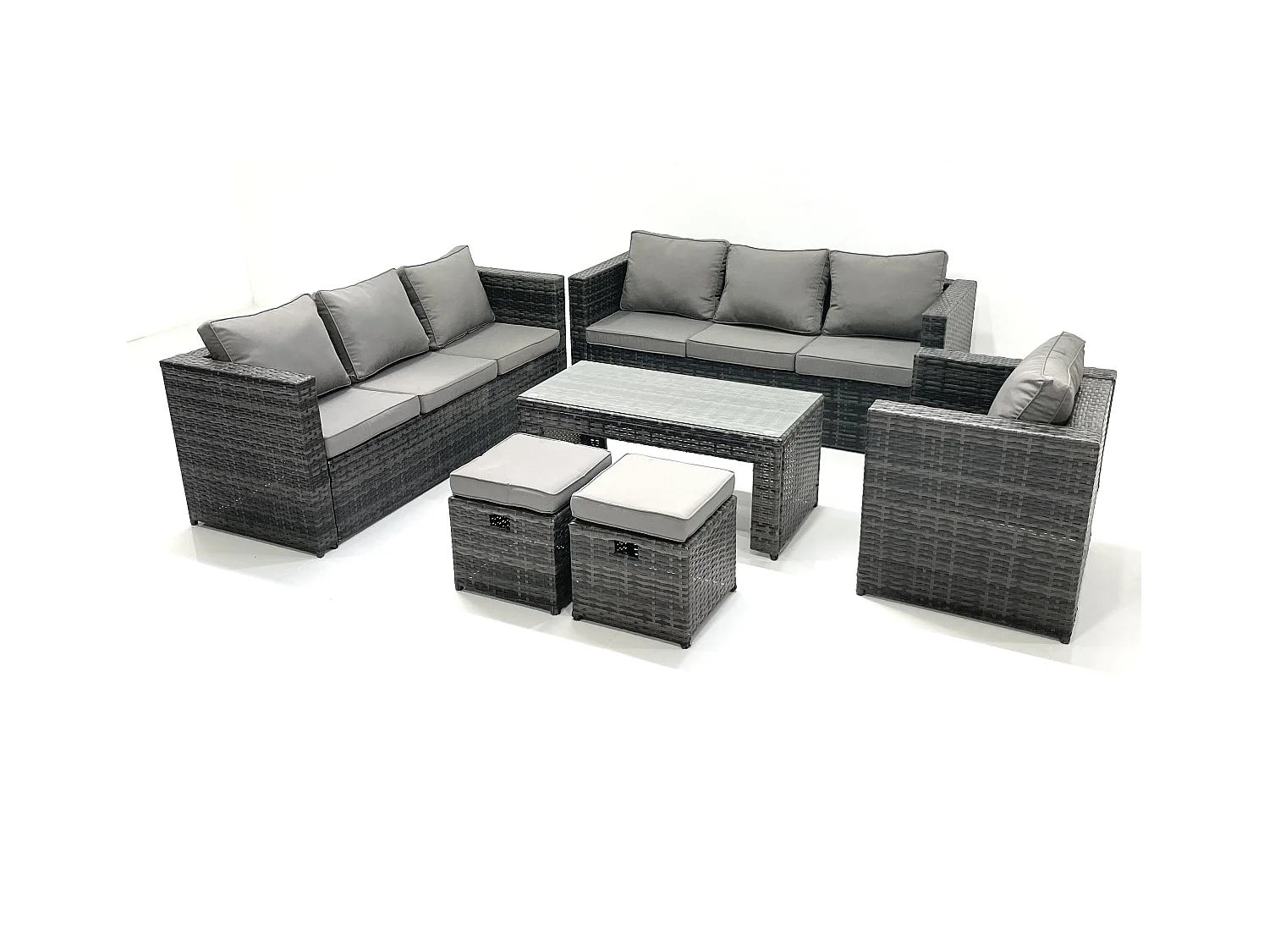 Salon de jardin Ensemble 9 places avec Dessus en verre Table basse 2 Petits tabourets