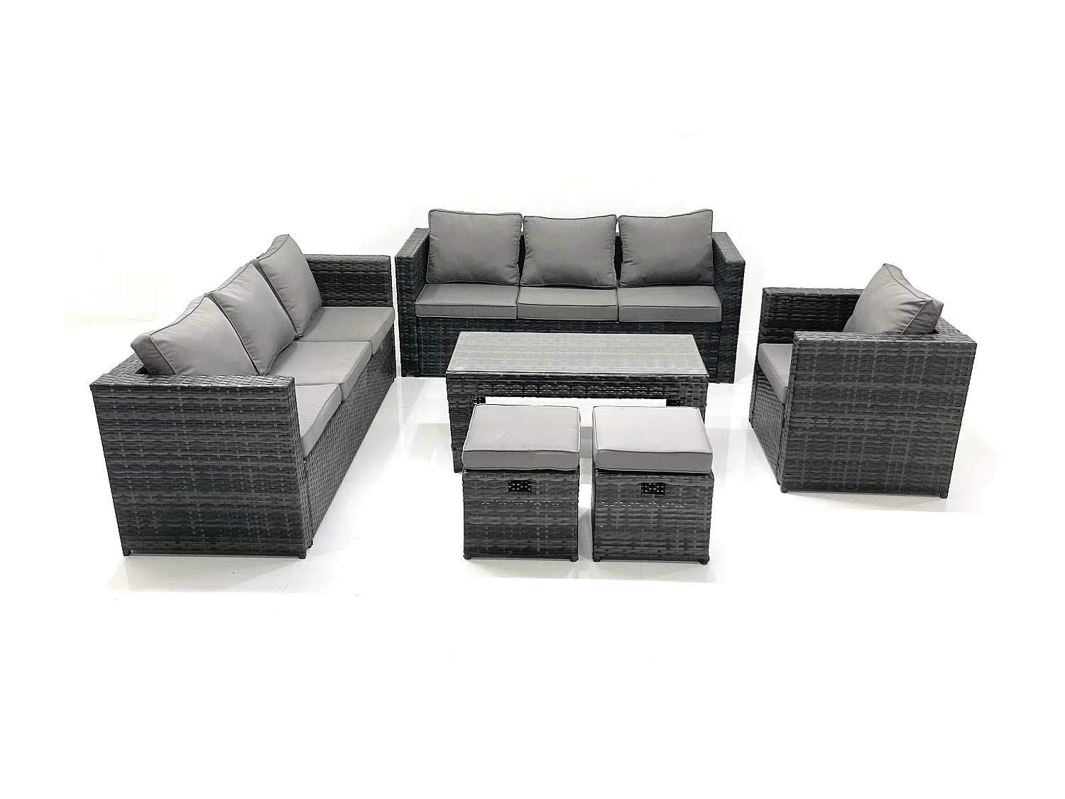 Salon de jardin Ensemble 9 places avec Dessus en verre Table basse 2 Petits tabourets