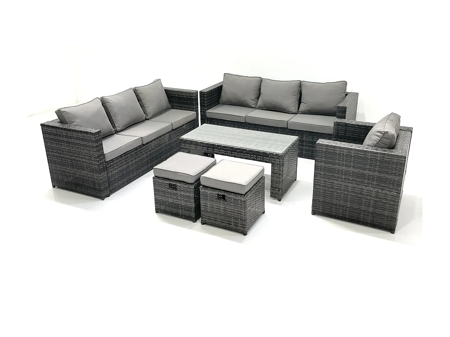 Salon de jardin Ensemble 9 places avec Dessus en verre Table basse 2 Petits tabourets