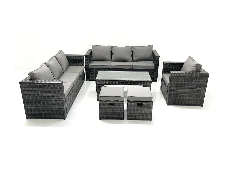 Salon de jardin Ensemble 9 places avec Dessus en verre Table basse 2 Petits tabourets