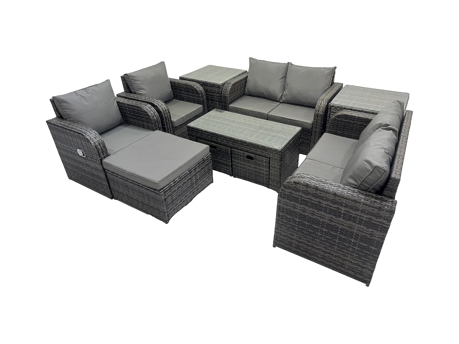 10 PCS Ensemble Salon de Jardin Extérieur en polyrotin avec Fauteuil Table basse 3 Tabourets