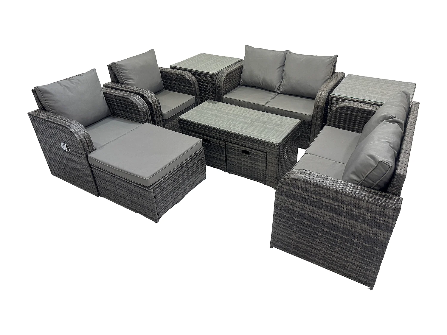 10 PCS Polyrattan Gartenmöbel Set Rattansofa, Tisch und Sesseln Couchtisch 3 Hockern Terrassenset