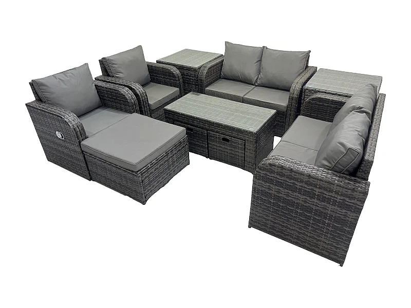 10 PCS Polyrattan Gartenmöbel Set Rattansofa, Tisch und Sesseln Couchtisch 3 Hockern Terrassenset
