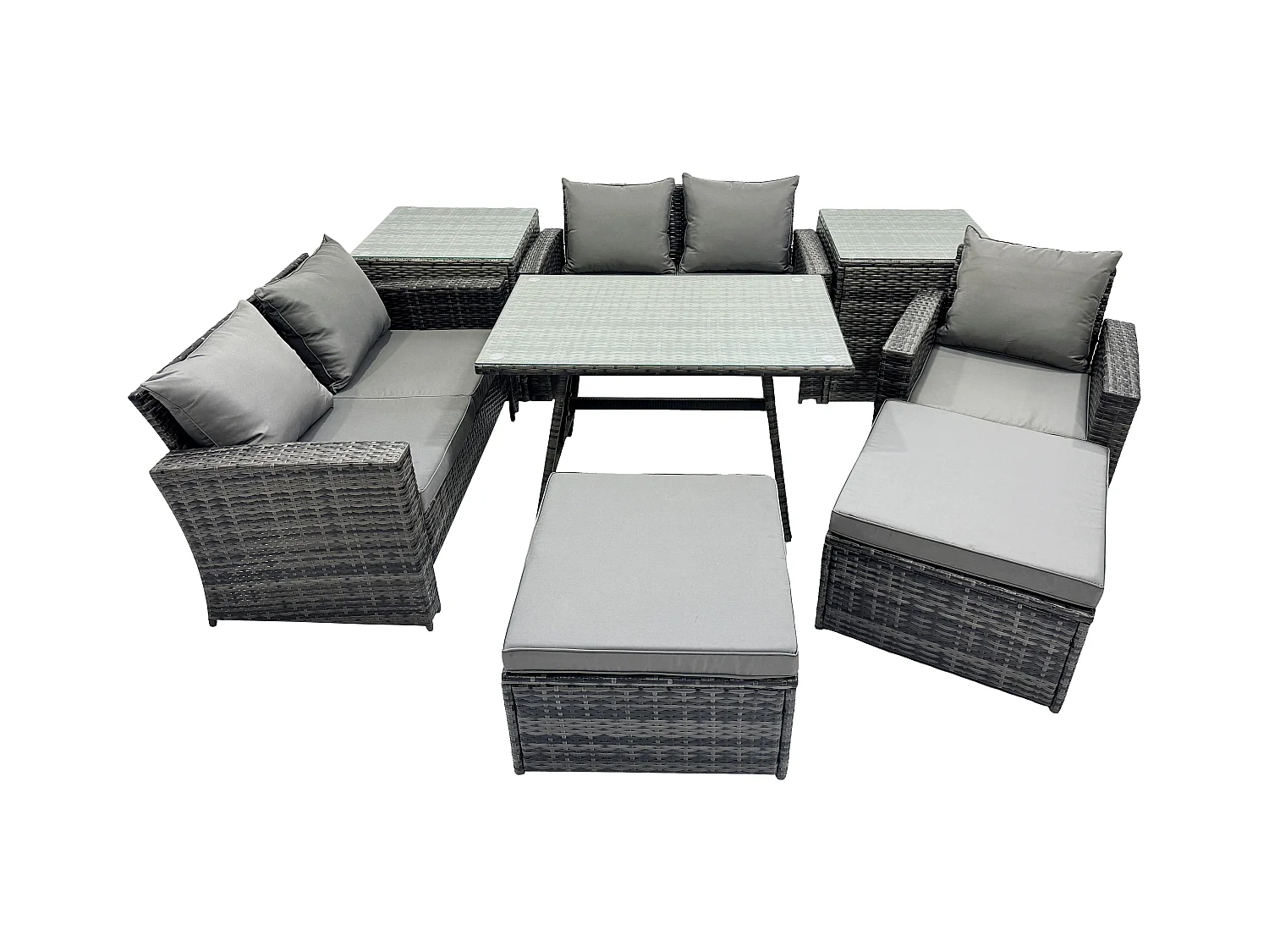Garten Esstisch Set Polyrattan Outdoor Möbel Sofa mit Rechteckiger Esstisch Doppelsitz Sofa 2 Beistelltischen 2 hohen Hockern Dunkelgrau Gemischt