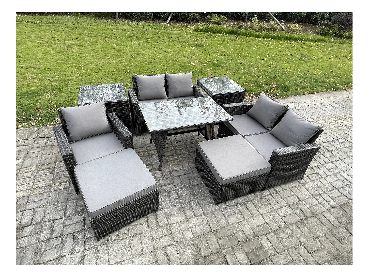 Garten Esstisch Set Polyrattan Outdoor Möbel Sofa mit Rechteckiger Esstisch Doppelsitz Sofa 2 Beistelltischen 2 hohen Hockern Dunkelgrau Gemischt