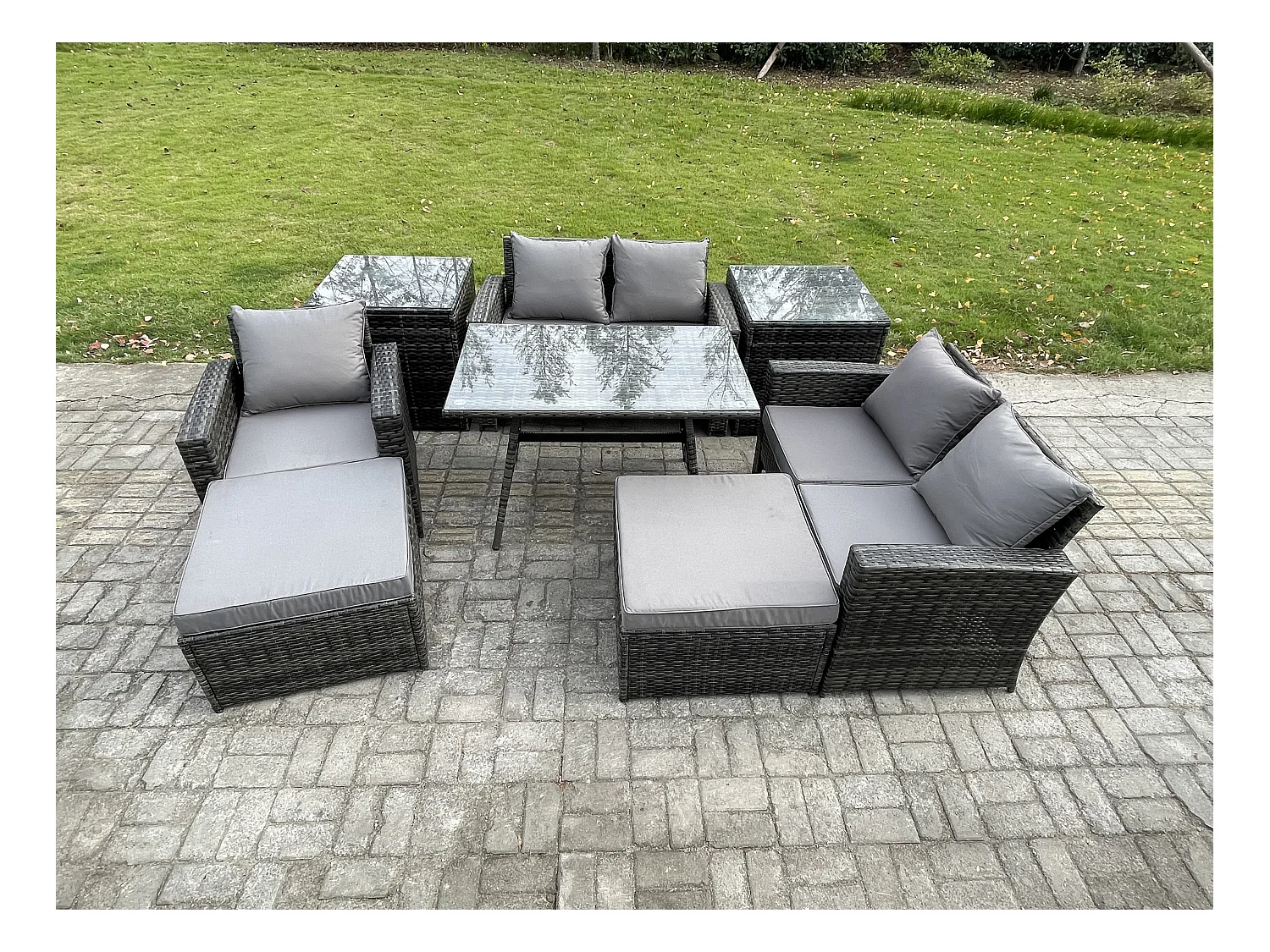 Garten Esstisch Set Polyrattan Outdoor Möbel Sofa mit Rechteckiger Esstisch Doppelsitz Sofa 2 Beistelltischen 2 hohen Hockern Dunkelgrau Gemischt