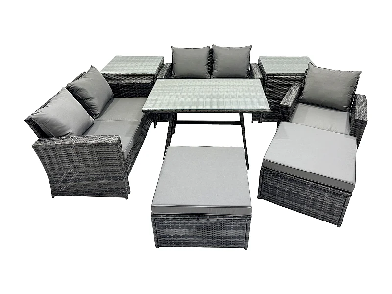 Ensemble de canapé en rotin extérieur avec Table à manger rectangulaire Canapé à deux places 2 Tables d'appoint 2 Grand tabourets Gris foncé mixte