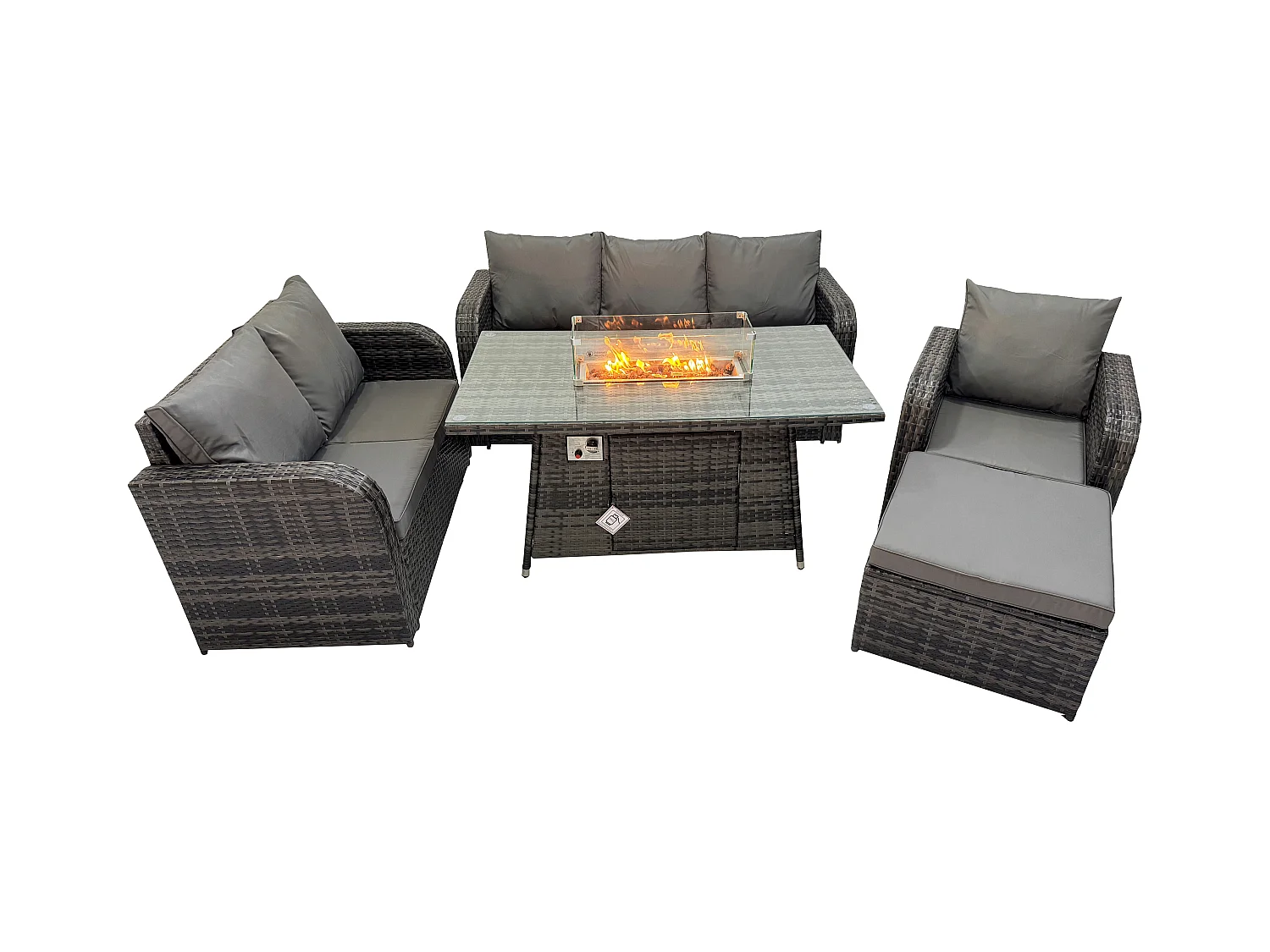 Salon de jardin avec Table de foyer à gaz 7 places Ensemble de canapés en rotin Gris foncé mixte