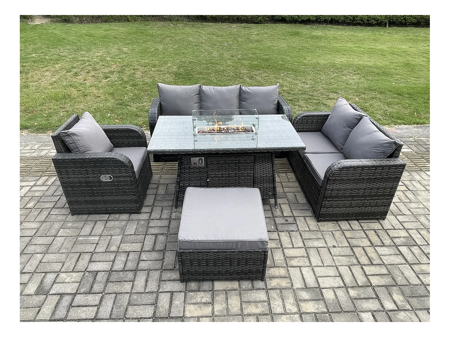 Salon de jardin avec Table de foyer à gaz 7 places Ensemble de canapés en rotin Gris foncé mixte