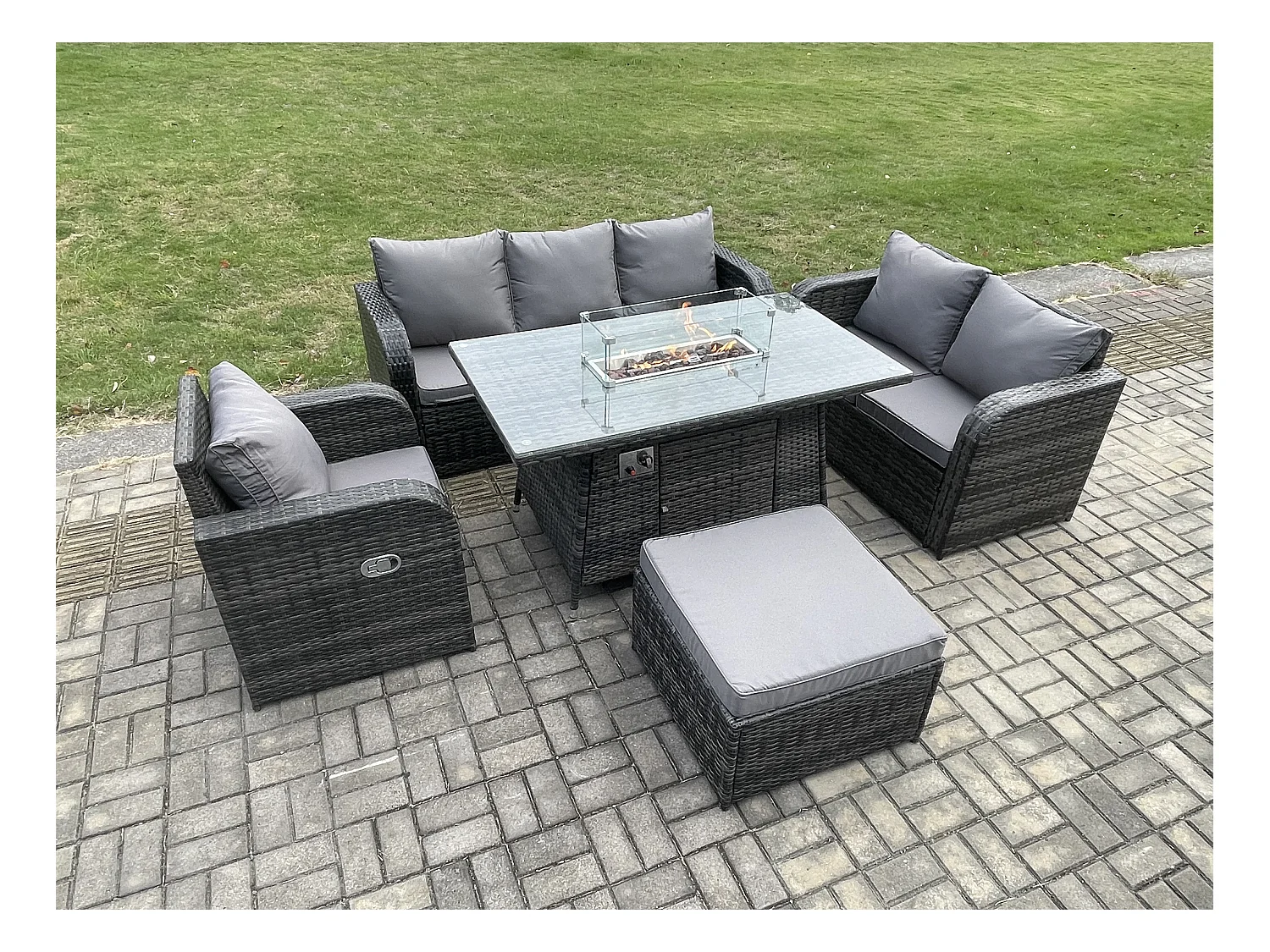 Salon de jardin avec Table de foyer à gaz 7 places Ensemble de canapés en rotin Gris foncé mixte