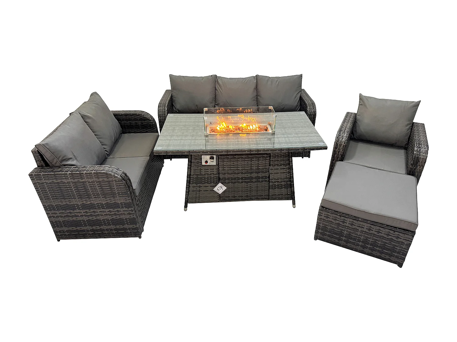 Salon de jardin avec Table de foyer à gaz 7 places Ensemble de canapés en rotin Gris foncé mixte