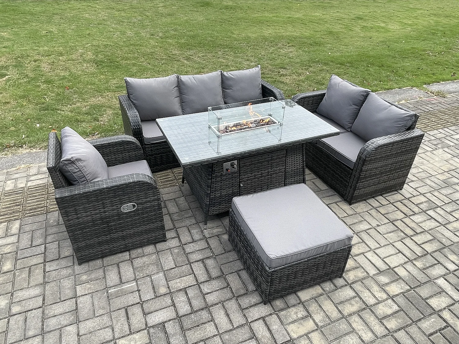 Salon de jardin avec Table de foyer à gaz 7 places Ensemble de canapés en rotin Gris foncé mixte